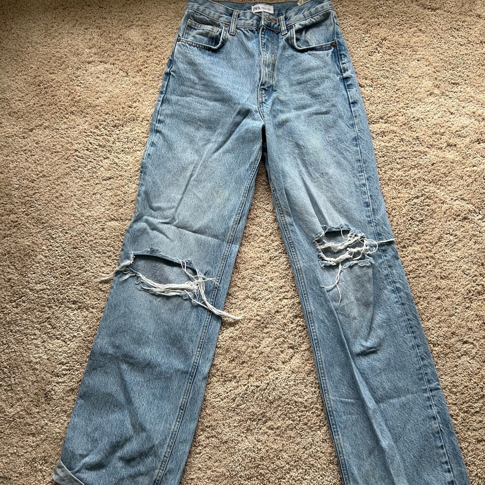 Zara Wide Leg Distressed Blue Jeans